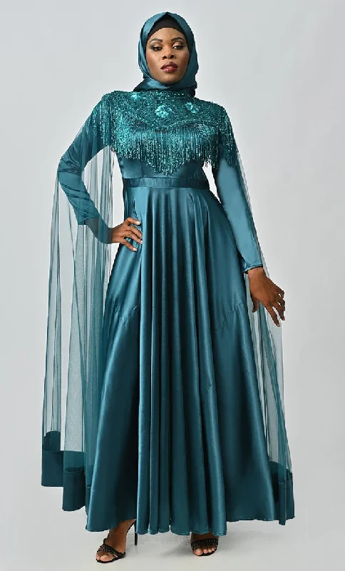 Carefree Style Arabian Queen Hand Embroidered Collar Satin Abaya With Intricate Tassel Details