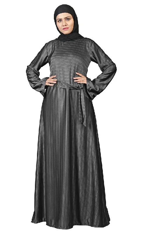 Retro Design Women's Dark Grey Poly Jersey Stripe Abaya With Pockets