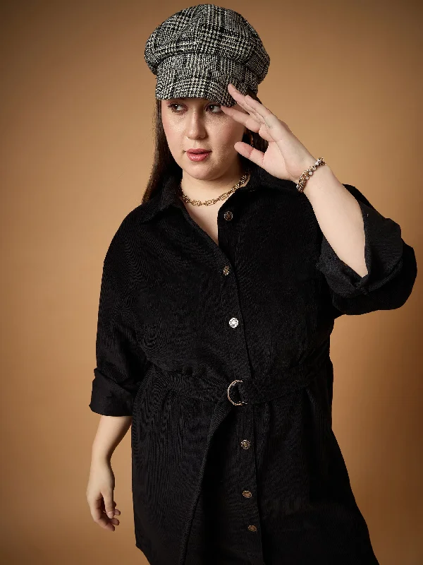 Comfortable Series Women Black Corduroy Front Button Dress