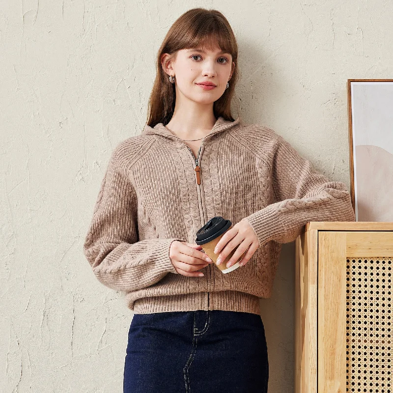 Sports Zipper Style 100% Wool Cardigan Womens Cozy Cable Knit Hoodie