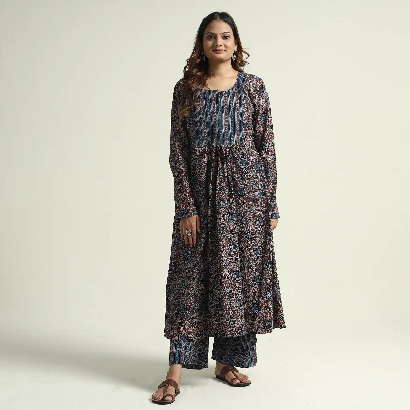 Comfortable Design Blue - Block Print Cotton Flared Ajrakh Kurta with Palazzo Set
