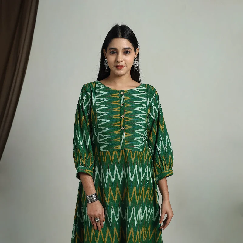 Lively And Youthful Green - Flared Cotton Pochampally Ikat Dress 15
