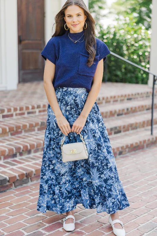 College Style How I Feel Navy Blue Floral Maxi Skirt
