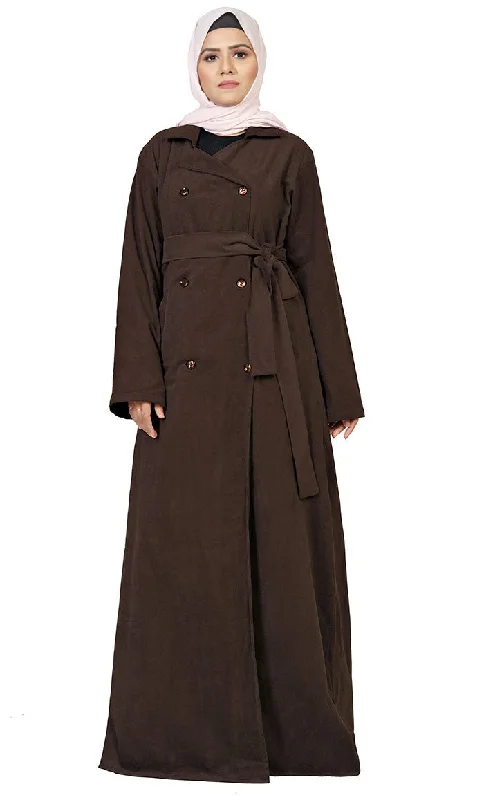 Street Vertical And Horizontal Design Women's Islamic Brown Corduroy Overlaped Jacket With Lose Belt And Pockets