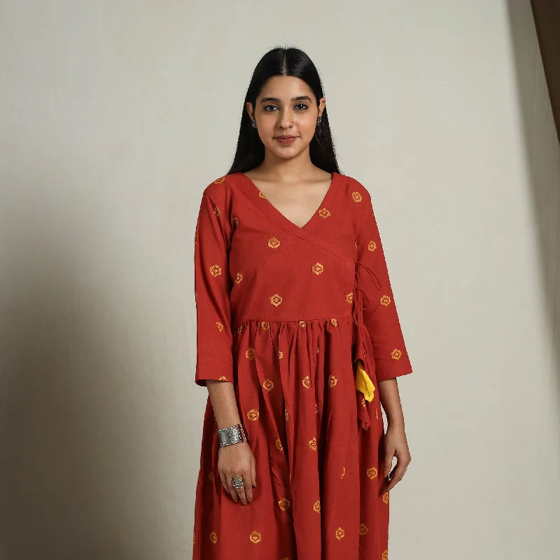 Free And Casual Red - Flared Cotton Angrakha Jacquard Dress 11