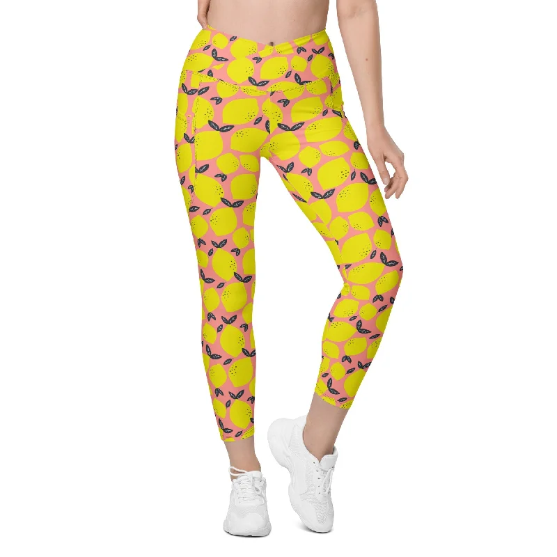 New Season Series Cute Lemon Crossover Leggings With Pockets