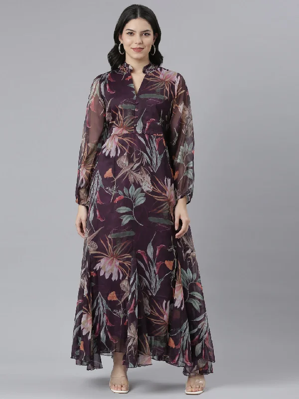 Sweet Girl Neeru's Purple Flared Casual Floral Dresses