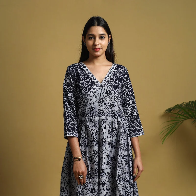 Retro Stripes Blue - Flared Cotton Batik Print Dress 04