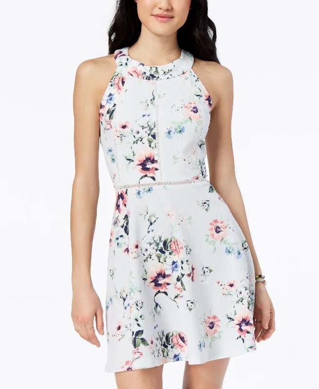 Effortless Elegance Crystal Doll Juniors Printed Crochet Trimmed Fit Flare Dress
