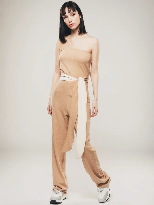 Cozy Look Organic Cotton One Shoulder Jumpsuit | Light Brown