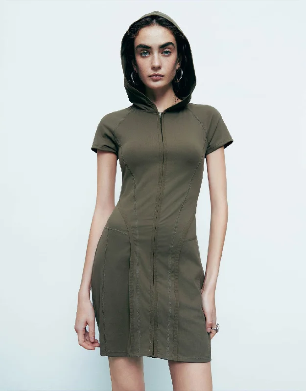 Cozy Sweaters Zipper Front Hooded Skinny Dress