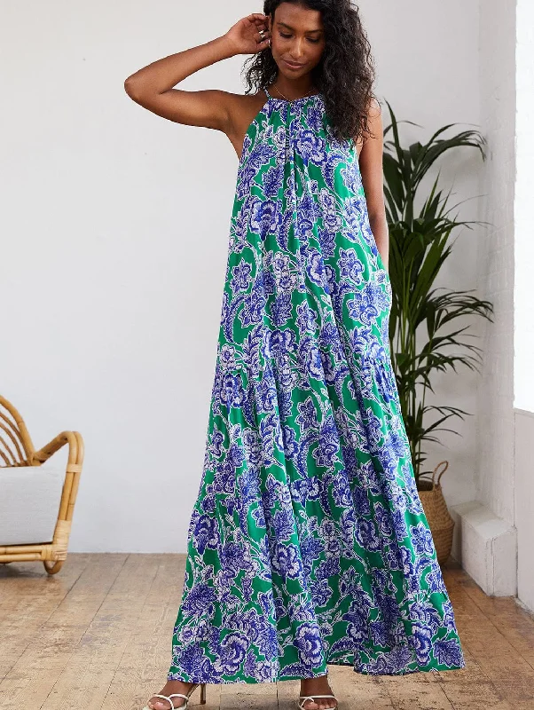 Timeless Comfort Everly Positano Print LENZING™ ECOVERO™ Halterneck Maxi Dress | Green & Blue