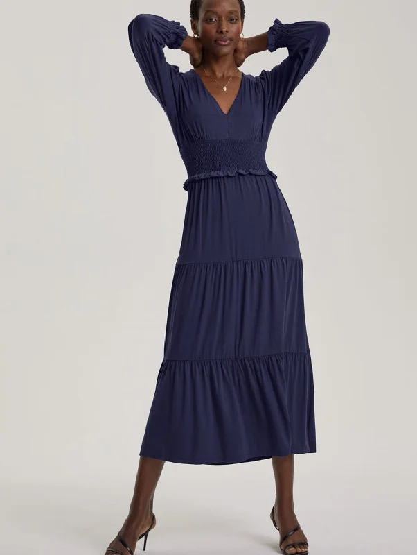 Weekend Style Airin Smocked Waist LENZING™ ECOVERO™ Jersey Midi Dress | Midnight Blue