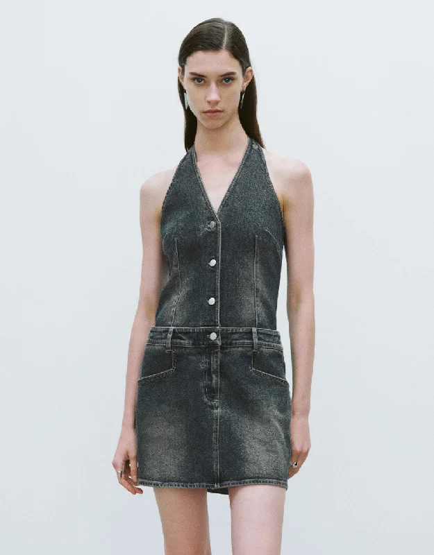New Design Sleeveless Halter Neck Denim Dress