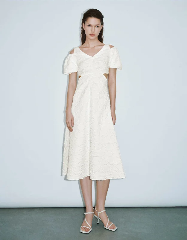 Versatile Wear Embossed V-Neck A-Line Dress