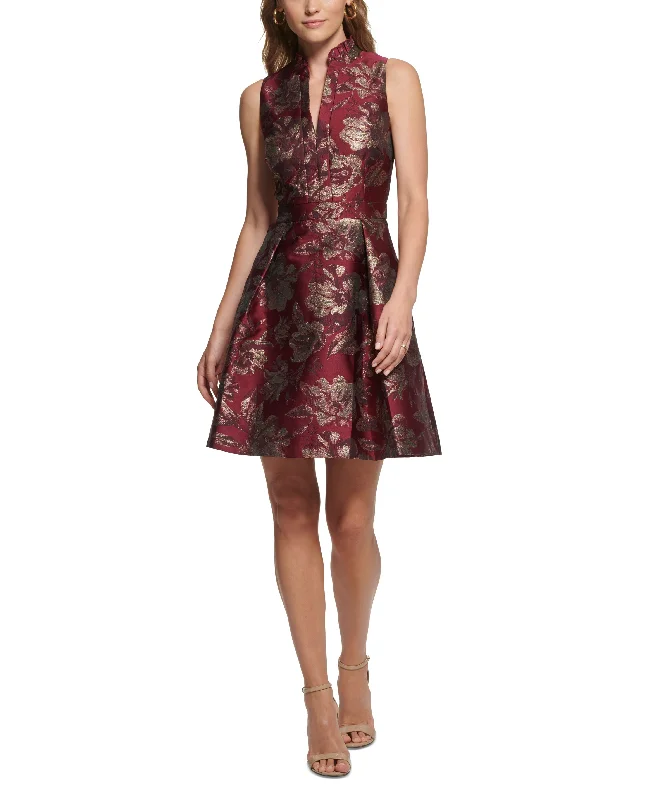 Cozy Pants Vince Camuto Womens Jacquard Ruffled-Neck Fit & Flare Dress